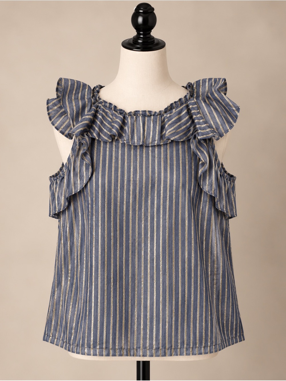 Eva Franco Ruffle Neck Striped Metallic Top Size 12 Blue Gold Sleeveless USA